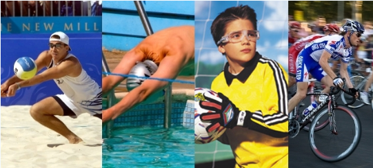 Deportistas de distintas disciplinas — vóley de playa, natación, fútbol, ciclismo